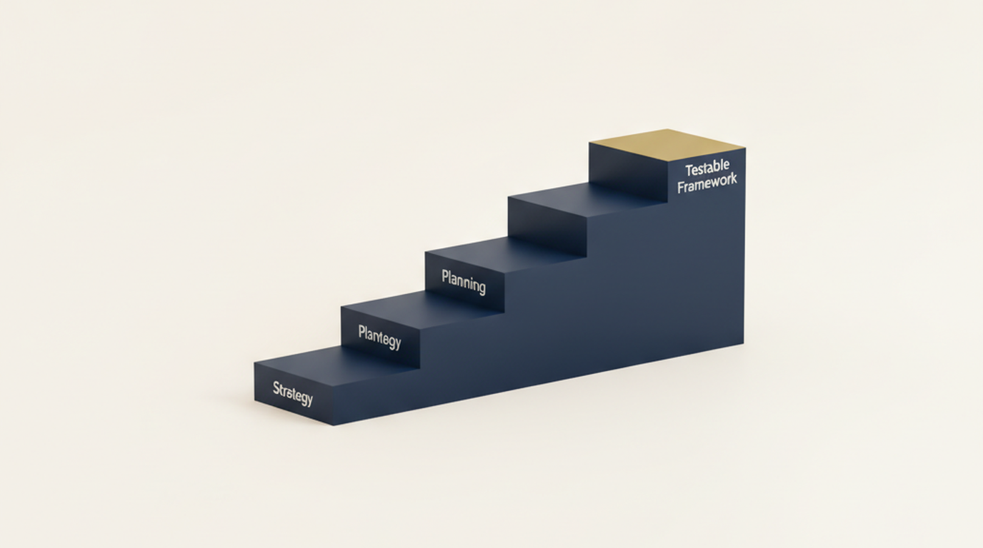 Stepped maturity ladder rising from strategy documents to a testable governance framework