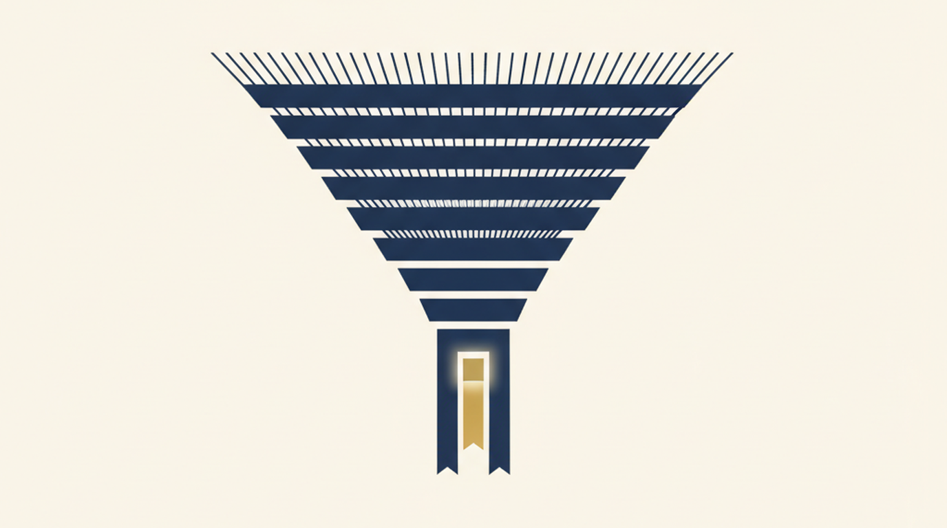 Layered screening funnel narrowing many inputs down to a few flagged matches